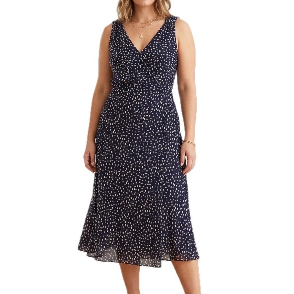 Alex Marie Navy Blue White Polka Dot V-Neck Sleeveless Midi Dress Brunch Size 14
